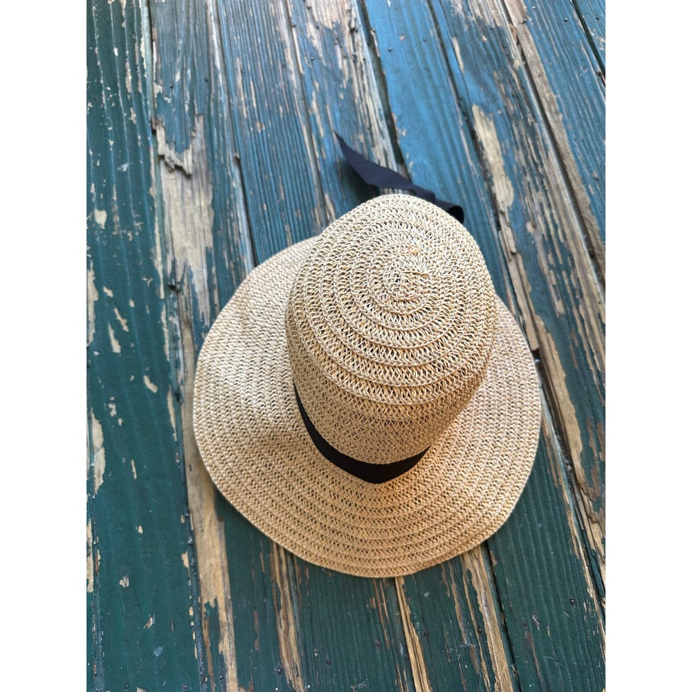 Magid Hats Tan Woven Paper Straw Sun Hat Black Grosgrain Ribbon Bow Wide Brim